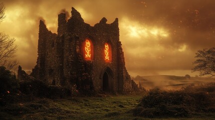 Fototapeta premium Burning castle ruin, fiery windows, misty hills, apocalyptic scene, game background