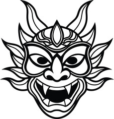 Obraz premium Chinses mask silhouette vector illustration, demon mask line art, samurai mask vector, devil mask 