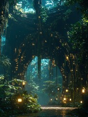 A mystical jungle path lit by hanging lanterns and glowing lights beneath a giant tree arch. Perfect for fantasy book covers or game backgrounds.