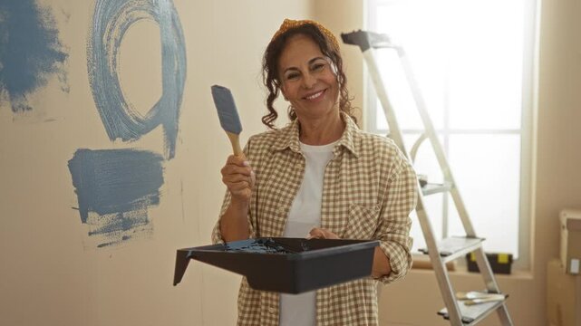 Woman painting wall indoors in home, holding paintbrush in cheerful mood, with ladder in background indicating diy renovation project in living room setting.