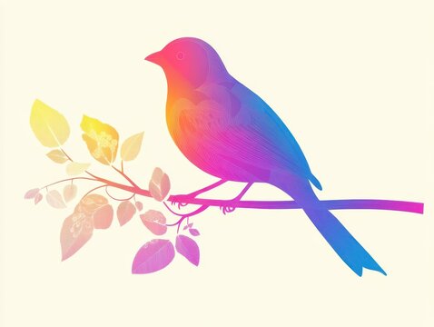 A single bird perched on a thin branch, vibrant plumage in gradient neon colors, the branch adorned with minimalistic floral patterns in soft pastel tones