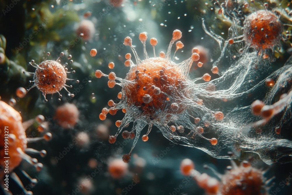 Poster microscopic view of viral particles revealing intricate structures and movements in a vibrant enviro