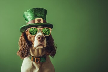 Dog in a glittery green St Patrick's day hat and glasses symbolizing Irish pride. Generated AI