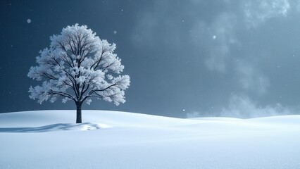Eye-level view of a solitary tree with a stark black base and slender trunk stands proudly atop a snow-covered hill, its branches draped in a delicate, frosty veil of white