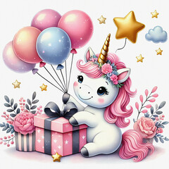 Watercolor illustration of cute little unicorn with baloons and gift box. Cute unicorn character. Greeting card.