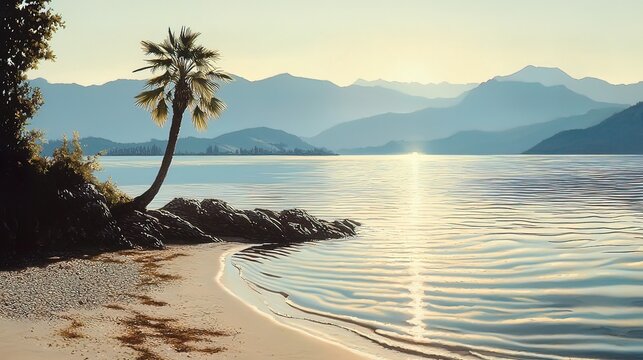 Serene sunrise over calm lake, palm tree on sandy beach, misty mountains in background.