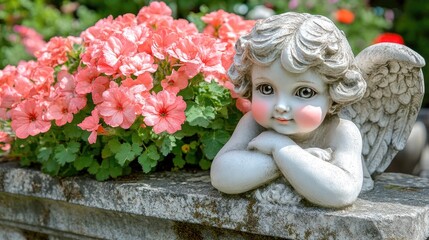 Fototapeta premium Cherubic garden statue beside blooming pink flowers