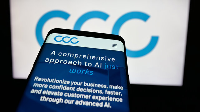 Stuttgart, Germany - 01-16-2025: Mobile phone with website of US software company CCC Intelligent Solutions Inc. on screen in front of logo. Focus on top-left of phone display.