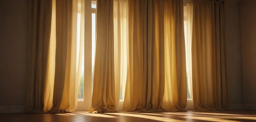Cozy afternoon sun peeking through yellowed curtains, sunny day, cozy atmosphere