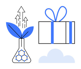 Lab flask with plant sprout symbolizing growth and success, gift box with ribbon signifying rewards, and a cloud. Ideal for innovation, success, rewards, sustainability, growth, environmental themes