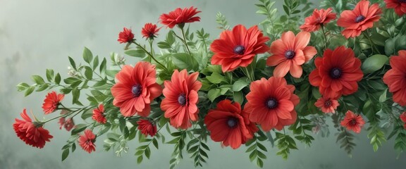 Decorative watercolor floral arrangement with vibrant middlemist red flowers and lush green leaves, vibrant, arrangement, decorative, floral
