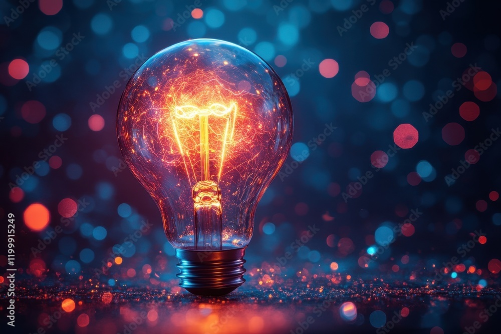 Poster bright light bulb glowing against a colorful bokeh background creating a vibrant artistic atmosphere