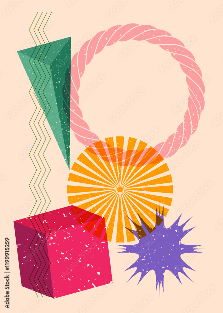 Poster colorful geometric shapes. object in trendy riso graph design. geometry elements abstract risograph 