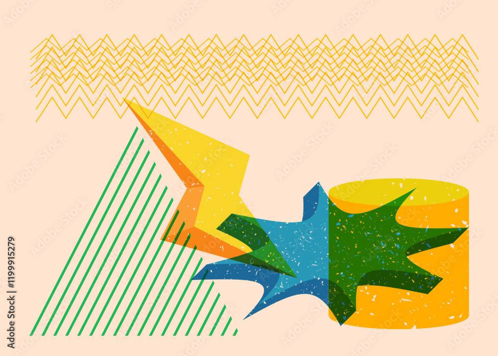 Poster colorful geometric shapes. object in trendy riso graph design. geometry elements abstract risograph 