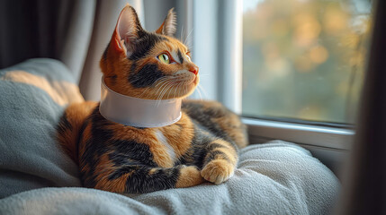 A cat in a light veterinary collar sits on the edge of a soft bed and stares out the window
