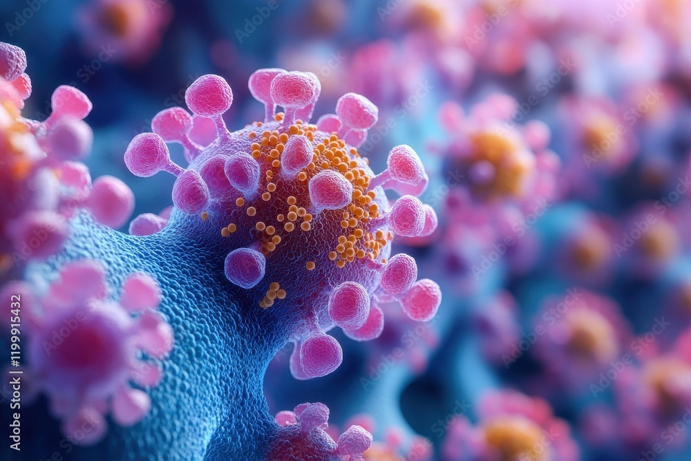 Poster colorful microscopic depiction of a virus with distinctive spikes and features captured in a scienti