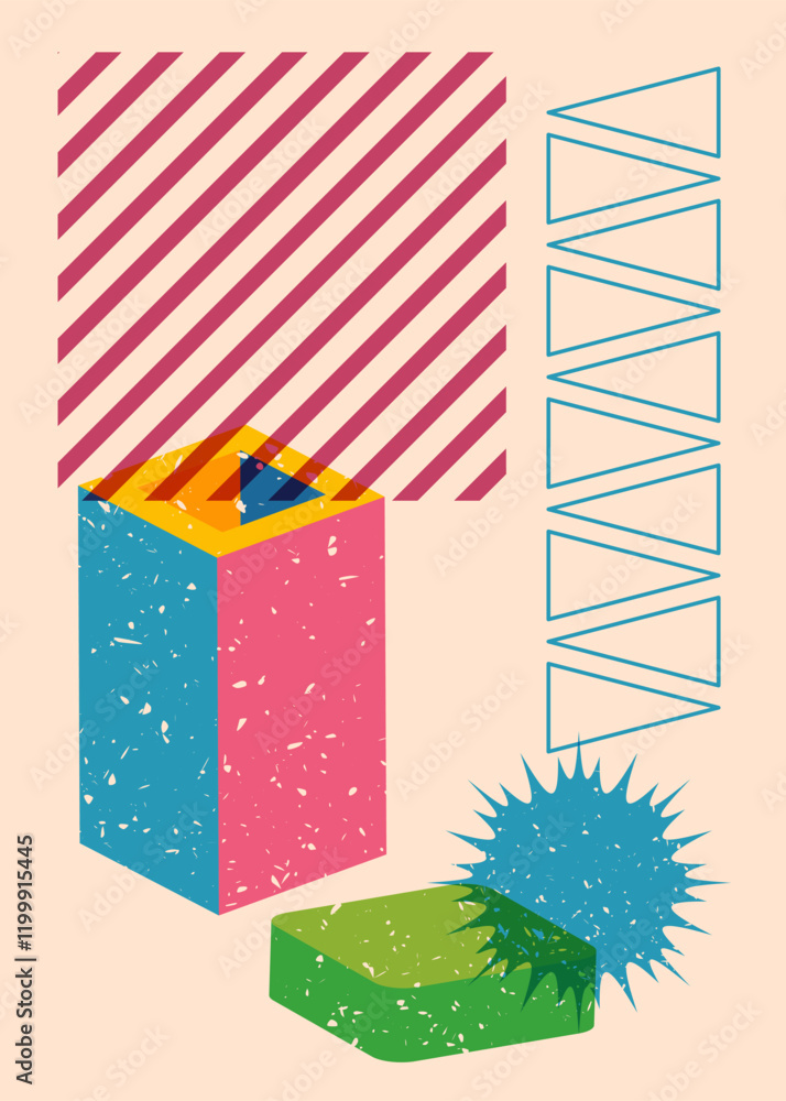 Poster colorful geometric shapes. object in trendy riso graph design. geometry elements abstract risograph 