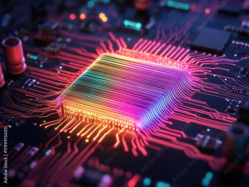 Poster vibrant microchip design showcasing colorful circuitry.