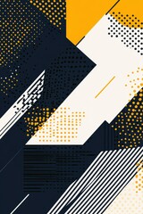 A geometric pattern with stripes, dots, and lines in navy blue, white, and gold colors.