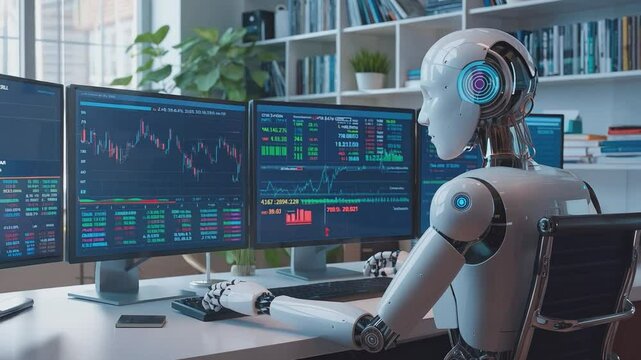 The Future of Finance: A humanoid robot sits at a desk, its gaze fixed on multiple screens displaying stock market data.