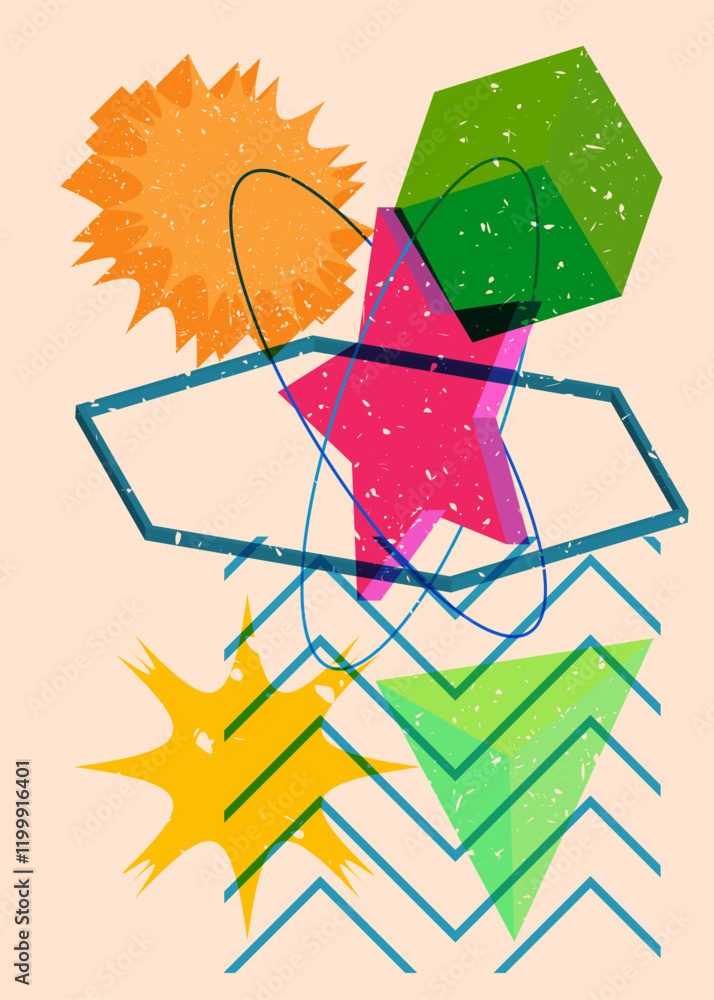 Poster colorful geometric shapes. object in trendy riso graph design. geometry elements abstract risograph 