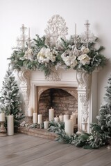 Naklejka premium A white Christmas fireplace decorated with greenery, candles, and flowers