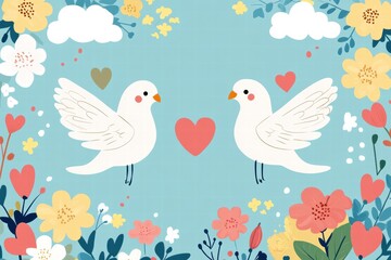 Sweet illustration of two doves surrounded by colorful flowers and hearts in a cheerful, bright setting. Generative AI