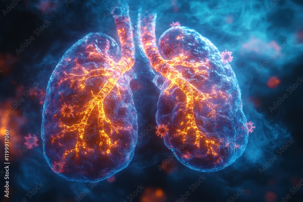 Poster visual representation of human lungs showing intricate details and highlighting respiratory function