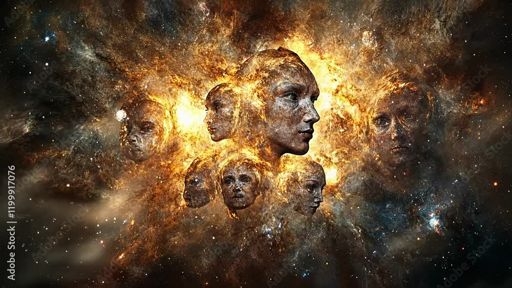 Poster exploring the cosmic connection with ethereal faces emerging from a vibrant nebula. generative ai