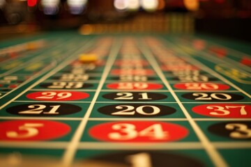 Green roulette table surface showing numbers and yellow chip in casino setting