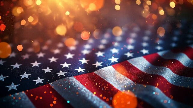 A close-up of an American flag lit by vibrant bokeh lights.