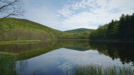 Fototapeta premium A serene lake surrounded by budding trees and wildflowers, reflecting the spring sky. Scenic, tranquil, outdoor, springtime