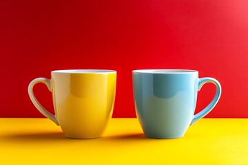 Colorful coffee mugs on yellow and red background, selective focus