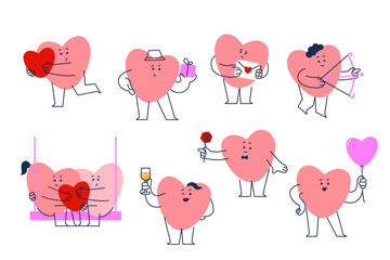 Cute hearts mascot characters. Health, lovely hearts icon set, valentines day. Flat vector illustration isolated on white