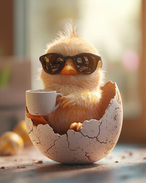 Naklejki Coffee first for a chick sitting in an eggshell