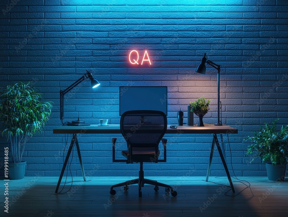Poster modern workspace with qa sign, desk, chair, and stylish lighting.