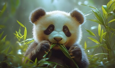 Fototapeta premium a Panda in a Zen-Like Pose, Slowly and Deliberately Eating Bamboo with a Calm Expression