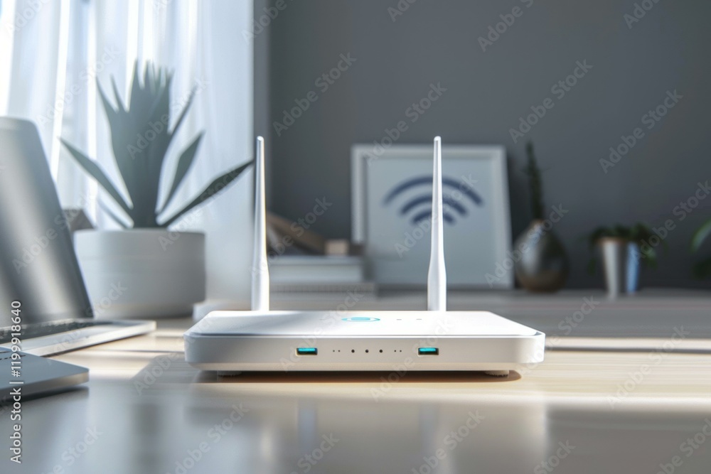 Poster modern router providing internet access in a home office setup, enhancing productivity and connectiv