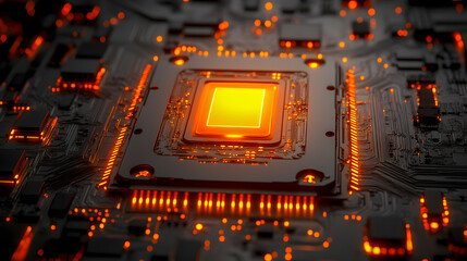 Cpu performing complex calculations with orange glowing lights