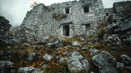 Mountain ruin autumn mist exploration.