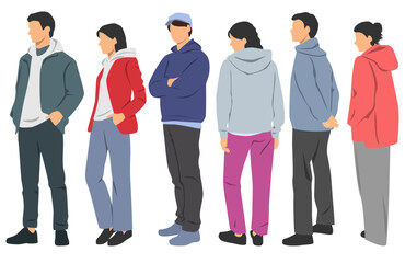 Obraz premium Set of men and women standing, profile, different colors, cartoon character, silhouettes people, fashion hoodie; design concept of flat icon, hand draw vector illustration, isolated on white
