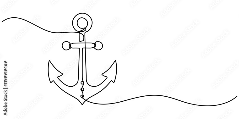 Poster Nautical Anchor Continuous Line Drawing with Editable Stroke, Continuous line drawing of sea anchor, Large sea anchor of the ship. Set of sea ocean elements. Continuous one line drawing of anchor. 