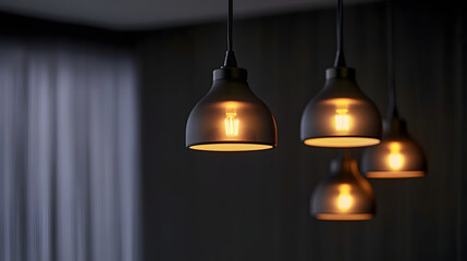 Modern decorative electric lamps on ceiling in dark room with space for background.
