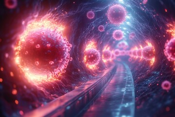 Vibrant visualization of microscopic organisms in a futuristic tunnel environment