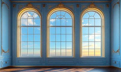 Fototapeta premium Elegant blue room, three arched windows, sunrise view.