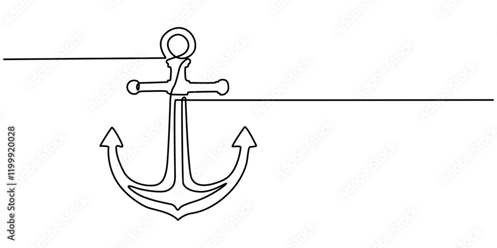 Poster Nautical Anchor Continuous Line Drawing with Editable Stroke, Continuous line drawing of sea anchor, Large sea anchor of the ship. Set of sea ocean elements. Continuous one line drawing of anchor. 