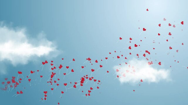 Red balloon heart shape flying on the blue sky over the cloud. Valentine's day holiday card. Loop animation. Copy space.