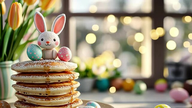 A festive stack of pancakes topped with a bunny figurine and decorated Easter eggs.