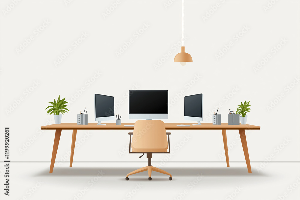 Poster modern workspace with multiple monitors and plants for a productive environment