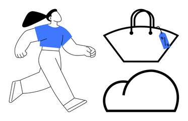 Woman walking confidently, accompanied by shopping bag with price tag and a cloud illustration. Ideal for shopping, fashion, leisure, travel, weather, technology lifestyle themes. Modern abstract